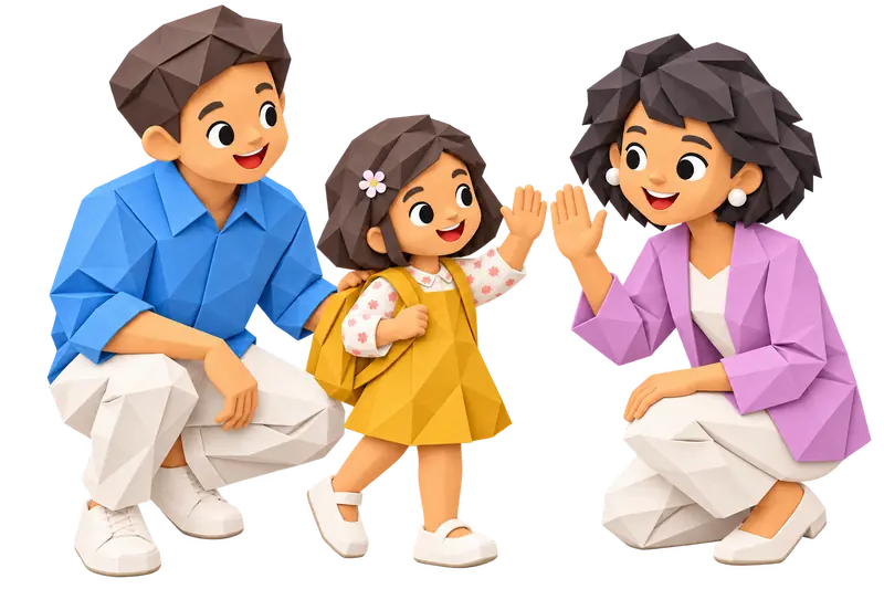 Folded-paper illustration of a girl with a backpack and her father being welcomed by Site Director Margaret