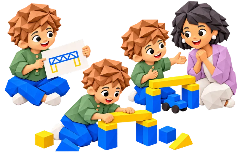 Folded-paper illustration of a boy showing a bridge plan, building it with blocks, and sharing the result with Site Director Margaret