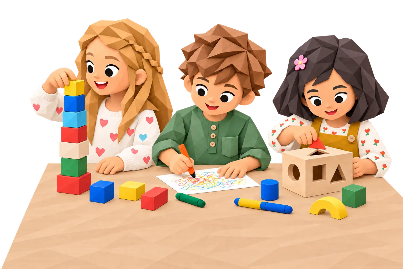 Faceted folded-paper illustration of three children stacking blocks, drawing, and playing with a shape sorter