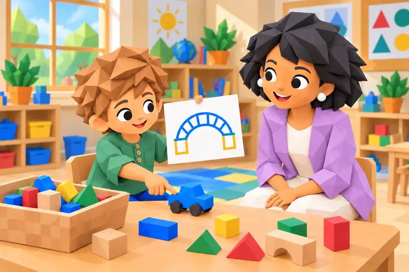 Folded-paper illustration of a boy showing a bridge drawing and pointing to his toy car while Site Director Margaret listens
