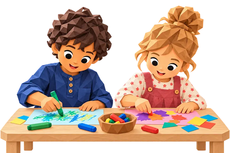 Faceted folded-paper illustration of two preschool children drawing and making a paper collage