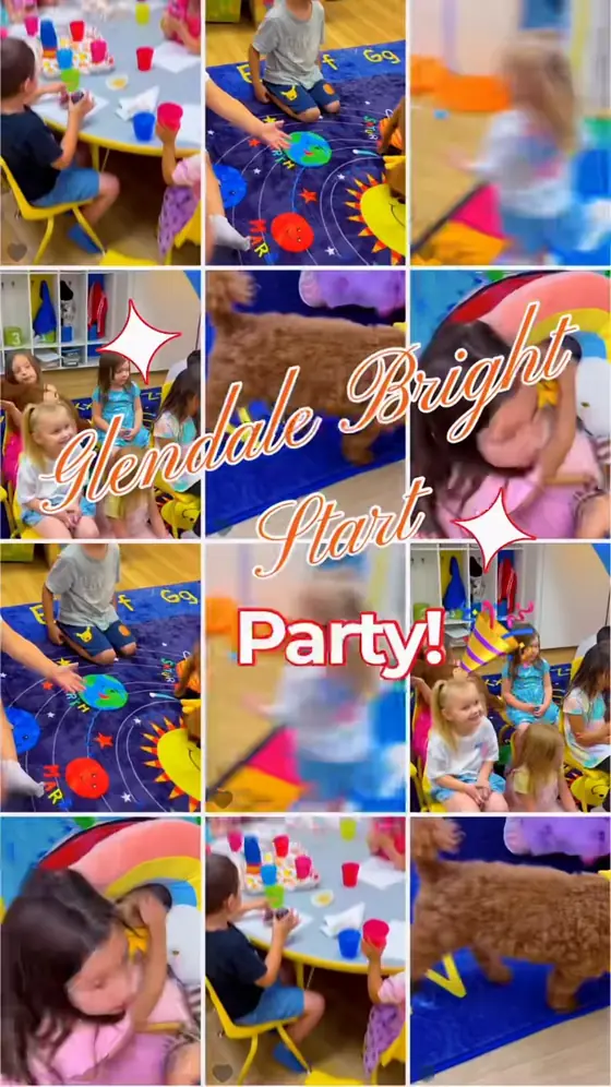 A Bright Start party with visiting puppies, music and cake