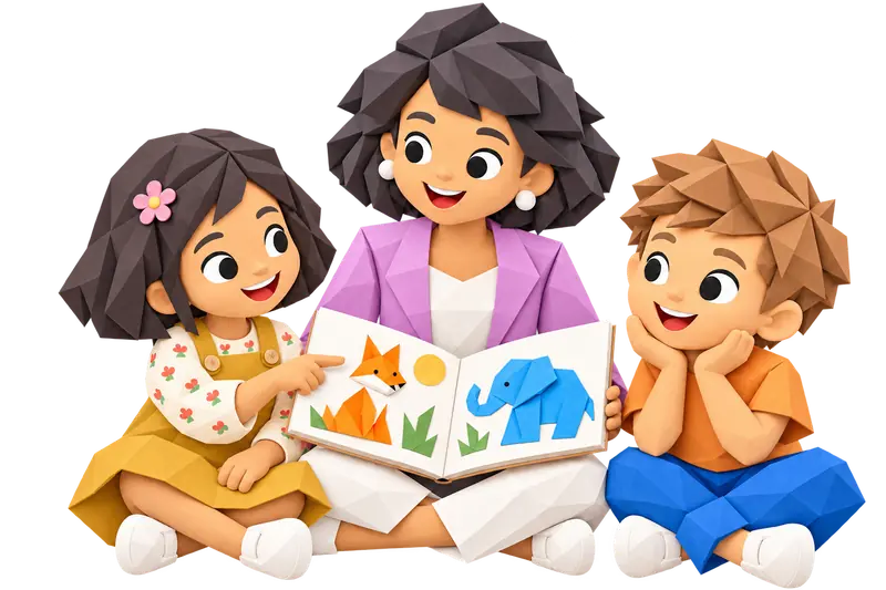 Folded-paper illustration of Site Director Margaret and two children sharing a picture book