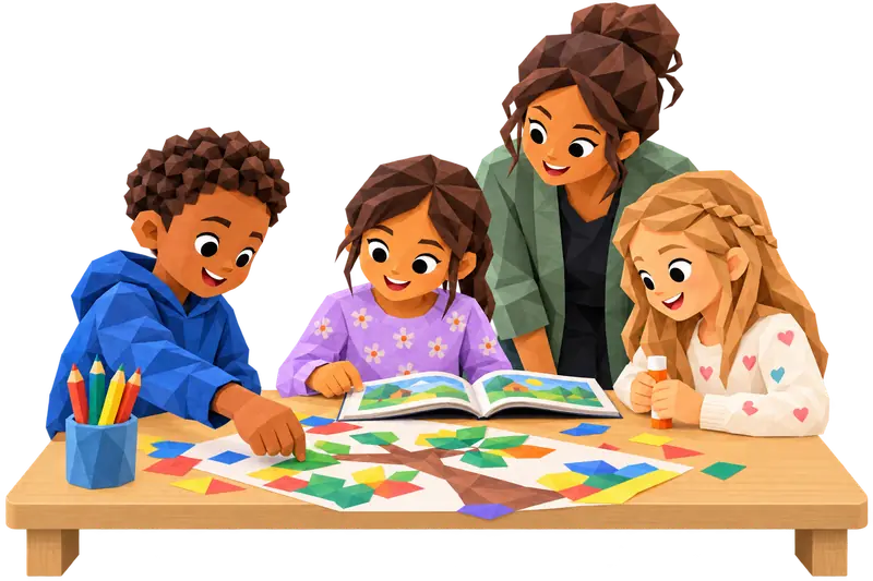 Faceted folded-paper illustration of school-age children reading and making art with a teacher